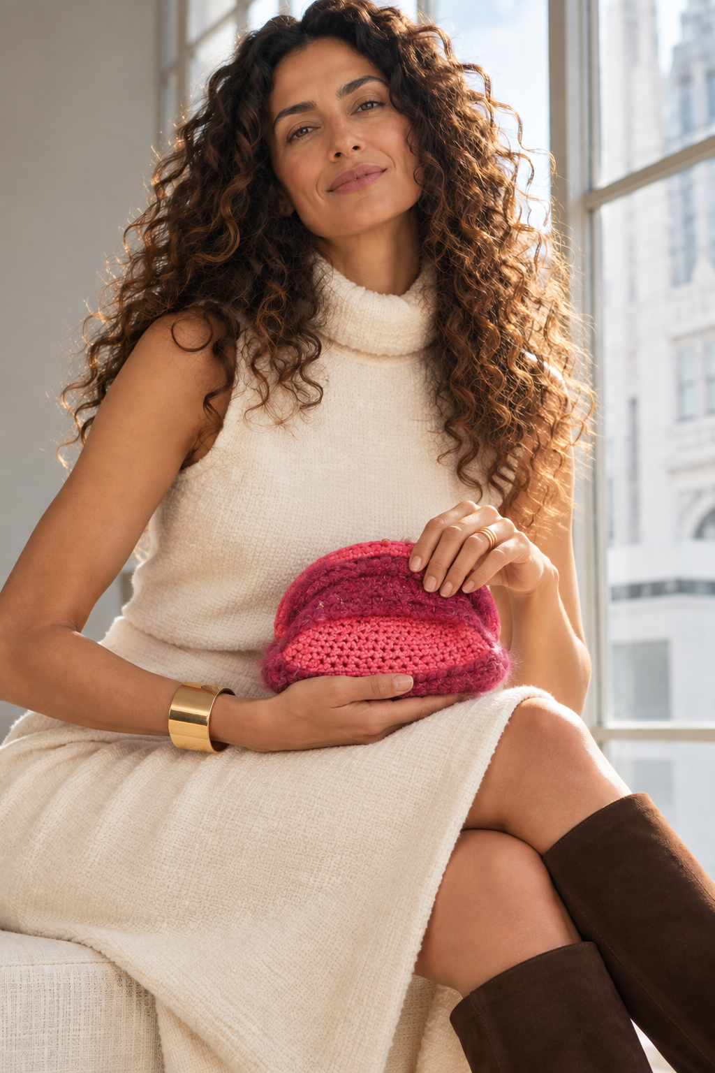 CORFU CANDY handmade candy pink crochet clutch with raspberry-pink fluffy trim, view 2