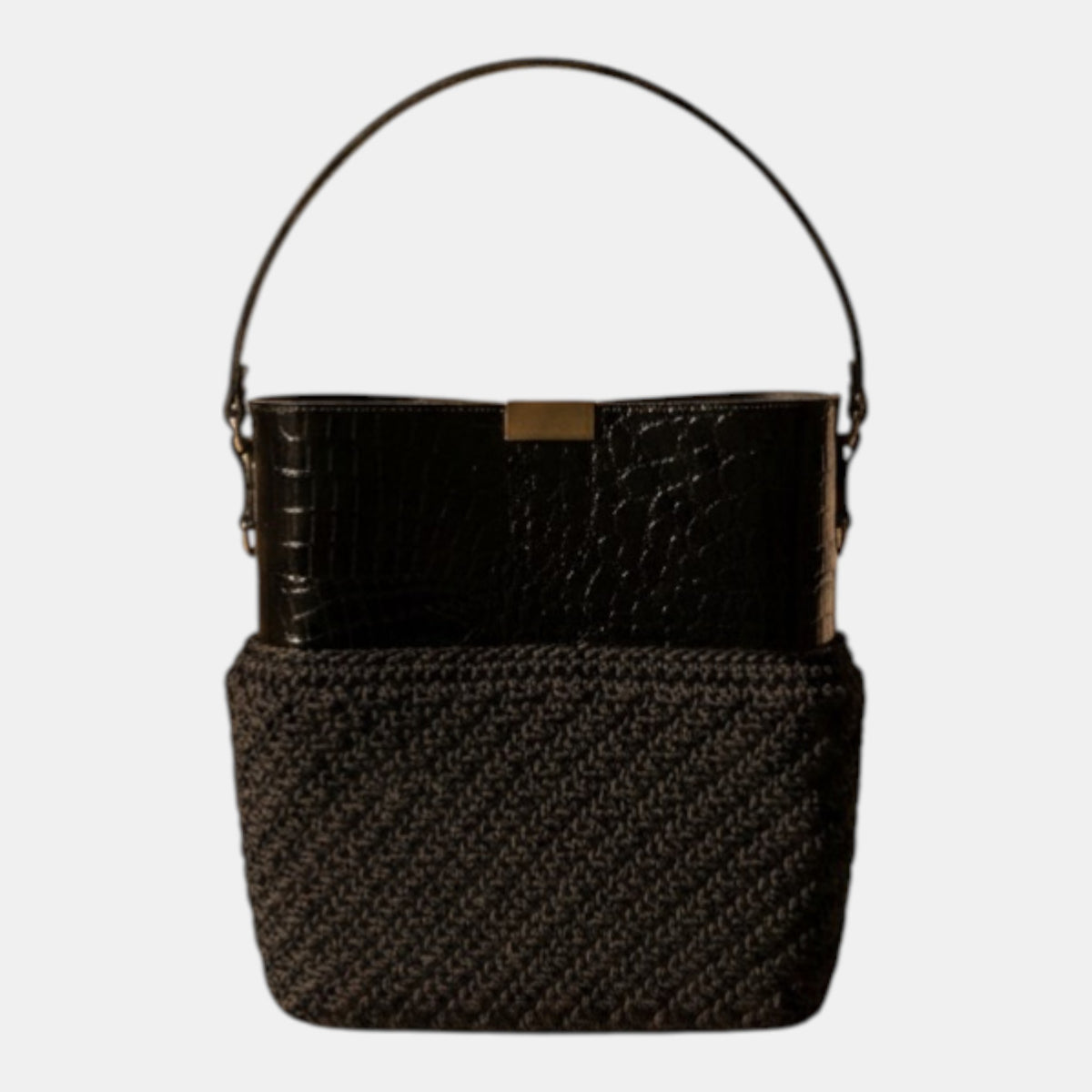 MILAN NOIR black handmade crochet bag with embossed leather upper and gold-tone clasp