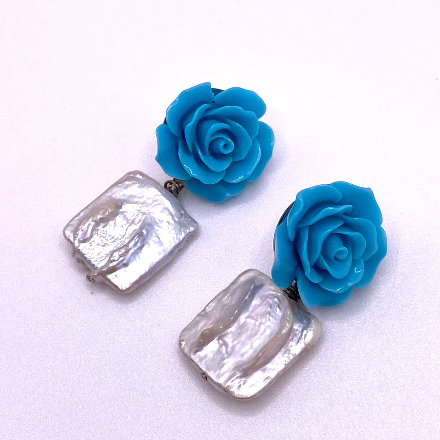Blue Rose Square Pearl Earrings
