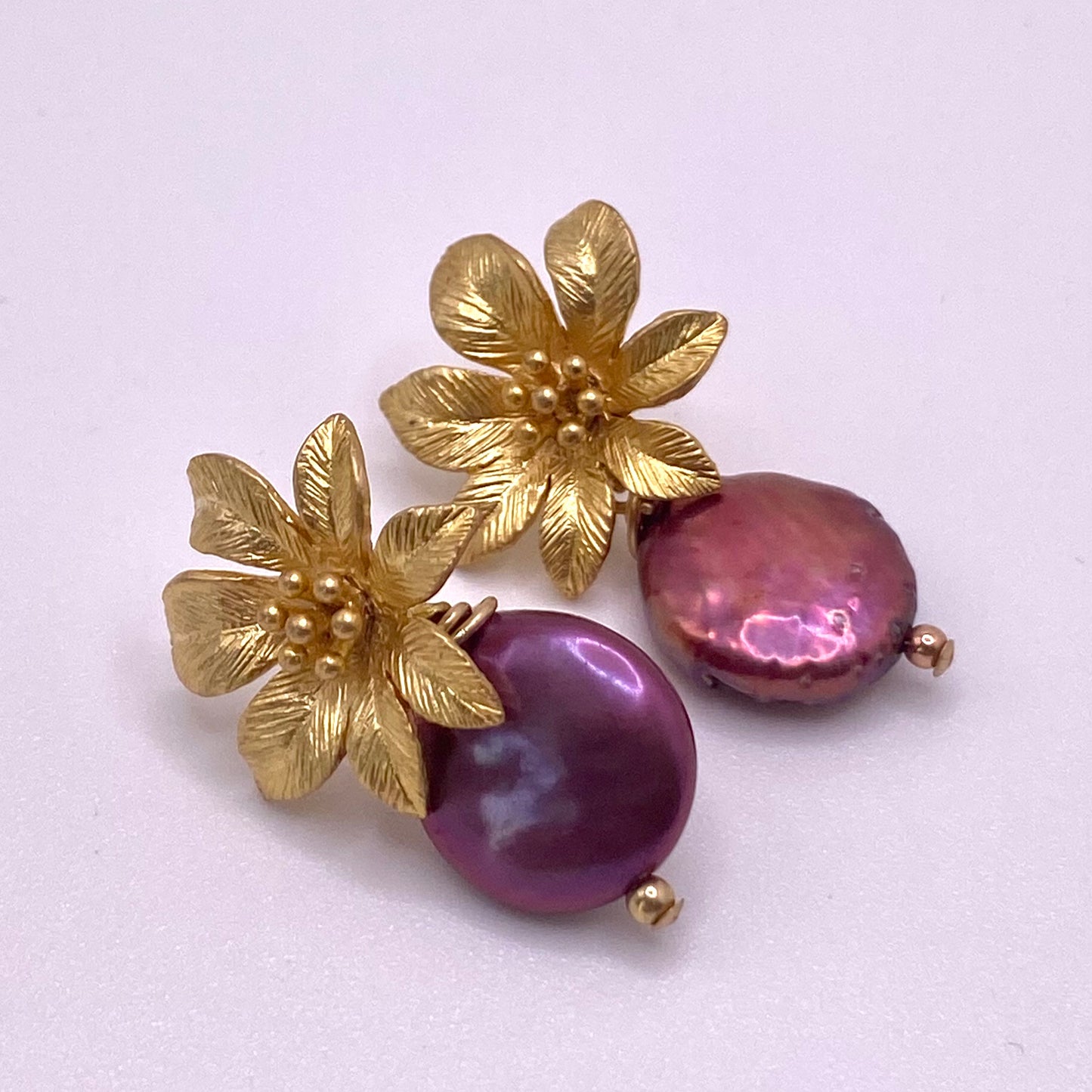 Purple Round Pearl Flower Earrings