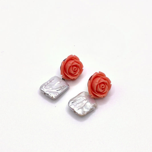 DELOS CORAL, Coral Flower & Freshwater Pearl Earrings, handmade by KOUKLA