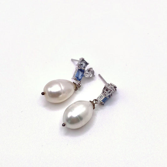 PATMOS BLUE, Blue Crystal & Freshwater Pearl Drop Earrings, handmade by KOUKLA