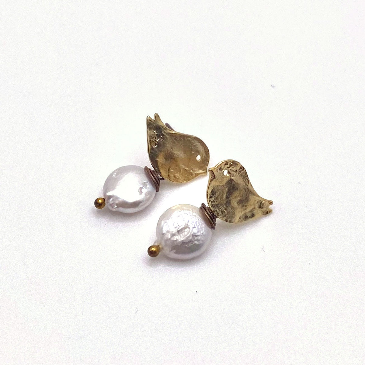 SKOPELOS WHITE, Gold Bird & White Freshwater Pearl Earrings, handmade by KOUKLA