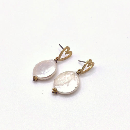 AMORGOS WHITE, Gold Heart & Flat Pearl Earrings, handmade by KOUKLA
