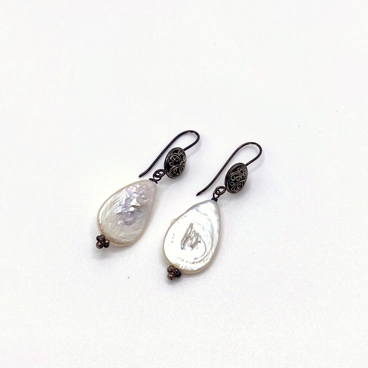 LEROS WHITE, Flat Freshwater Pearl Drop Earrings, handmade by KOUKLA