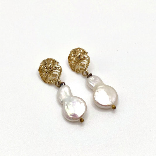 LEROS GOLD, Freshwater Pearl & Gold Drop Earrings, handmade by KOUKLA