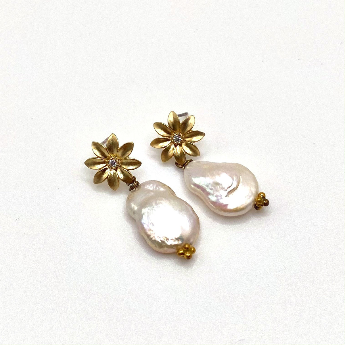 DELOS PETAL, Gold Flower Flat Pearl Drop Earrings, handmade by KOUKLA