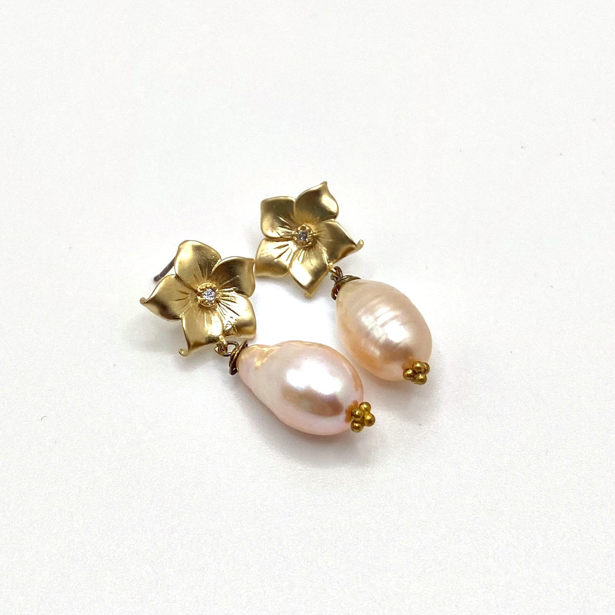 DELOS BLUSH, Gold Flower & Pink Freshwater Pearl Earrings, handmade by KOUKLA