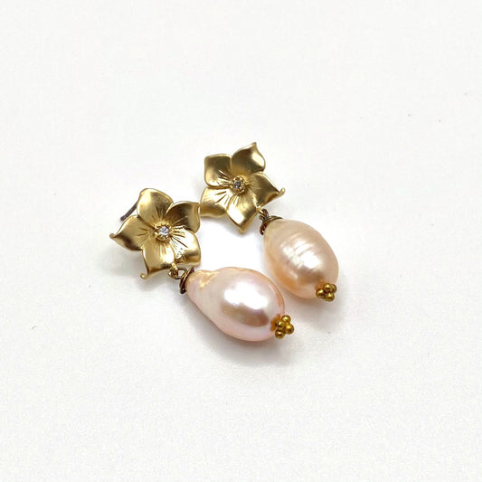 DELOS BLUSH, Gold Flower & Pink Freshwater Pearl Earrings, handmade by KOUKLA