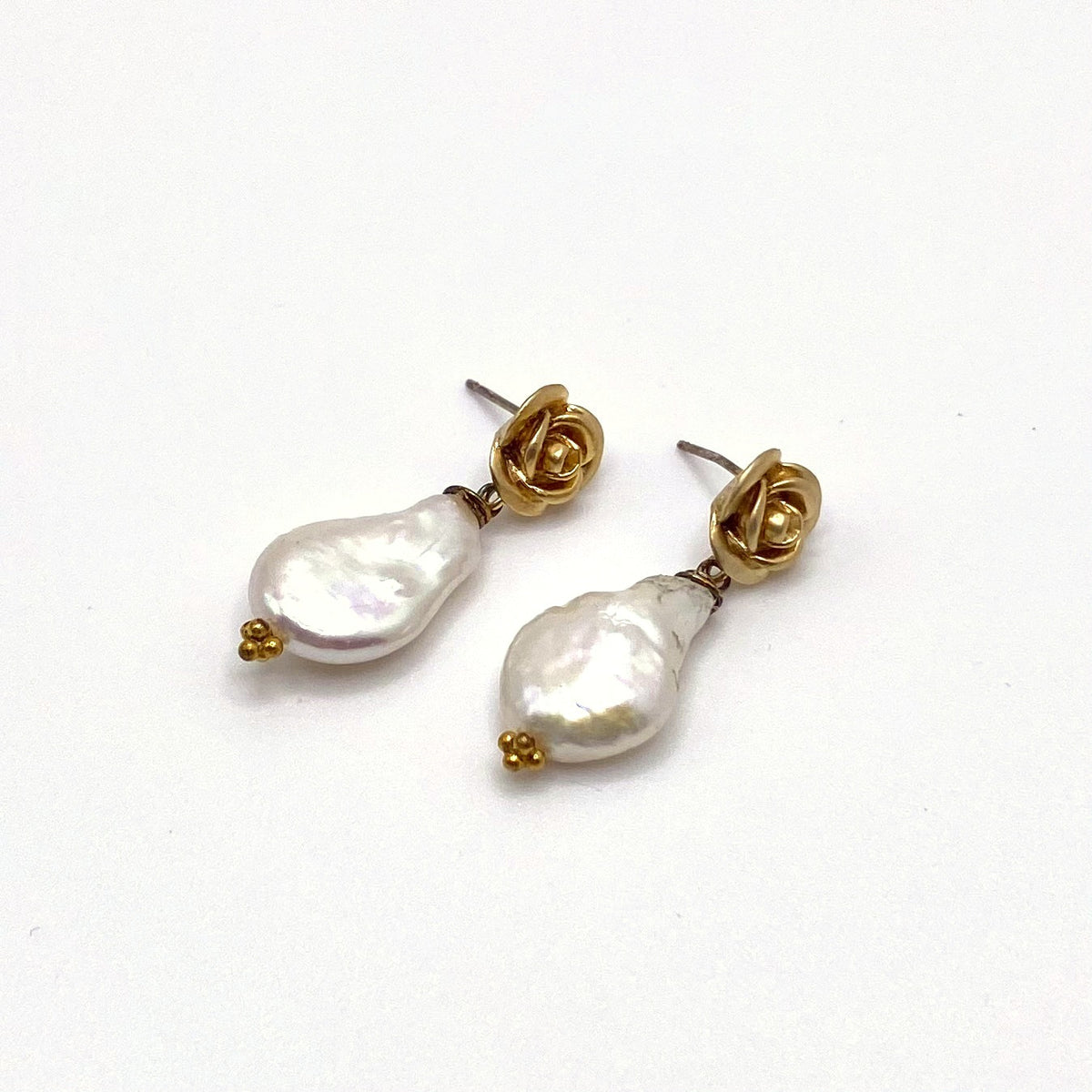 DELOS ROSE, Gold Rose & Freshwater Pearl Drop Earrings, handmade by KOUKLA