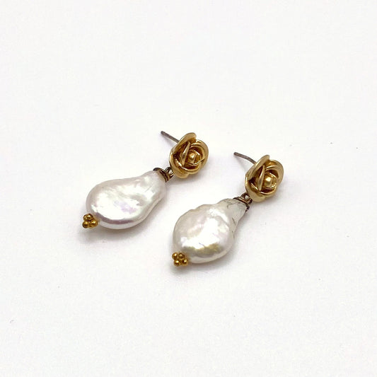 DELOS ROSE, Gold Rose & Freshwater Pearl Drop Earrings, handmade by KOUKLA