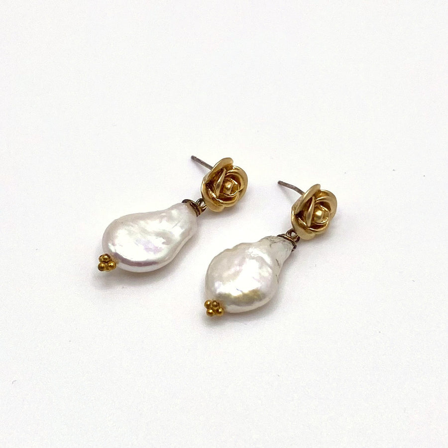 DELOS ROSE — Gold Rose & Freshwater Pearl Drop Earrings