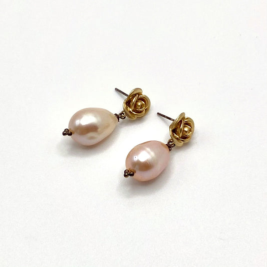 DELOS PINK, Gold Rose & Pink Pearl Drop Earrings, handmade by KOUKLA