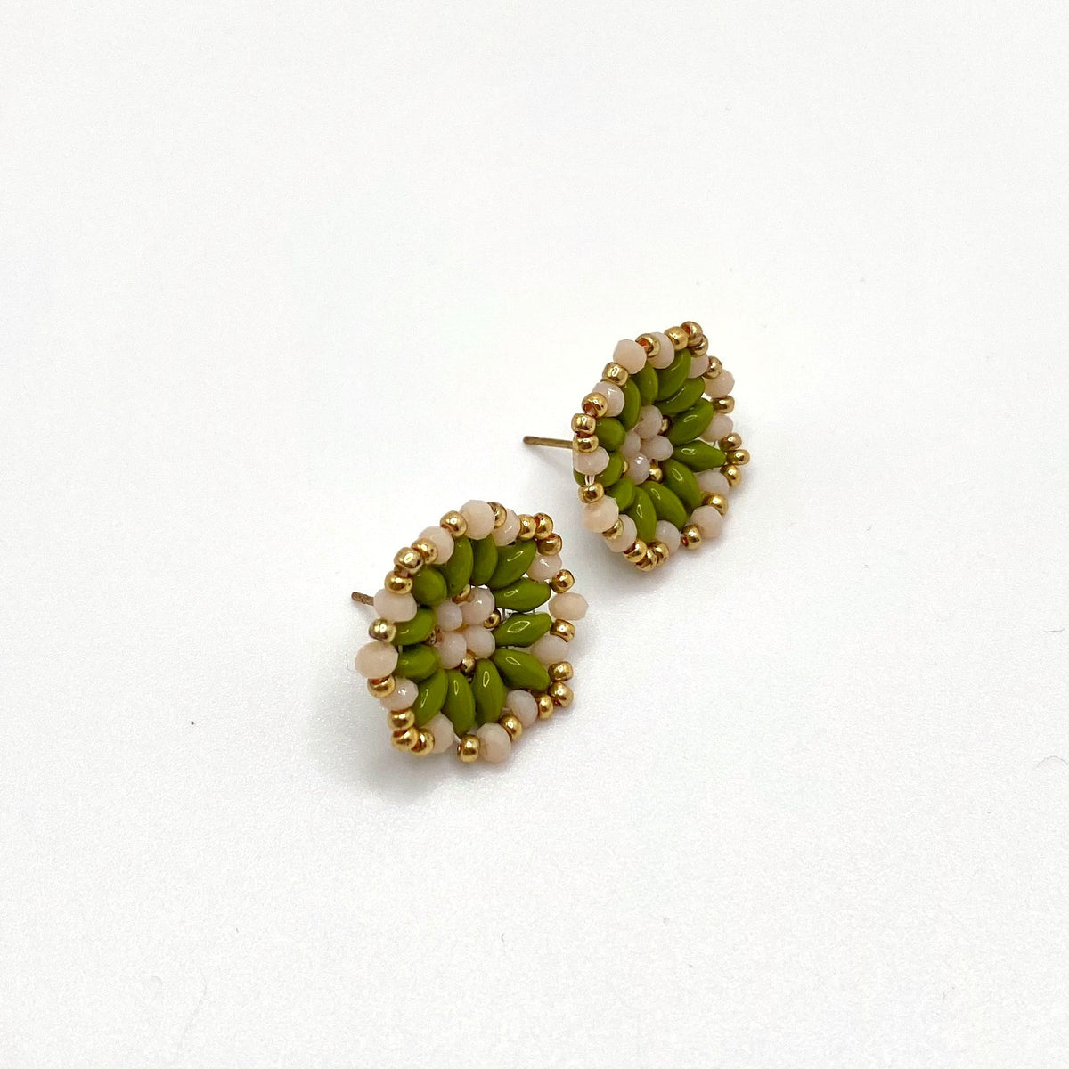 ANDROS MEADOW, Green & Beige Beaded Flower Stud Earrings, handmade by KOUKLA