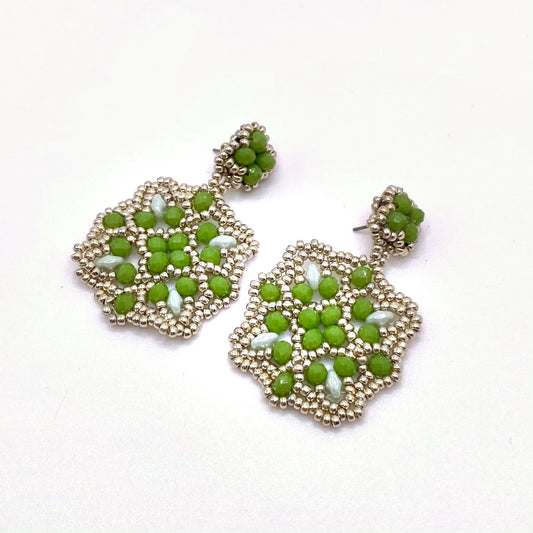 ANDROS SAGE, Green & Silver Beaded Drop Earrings, handmade by KOUKLA
