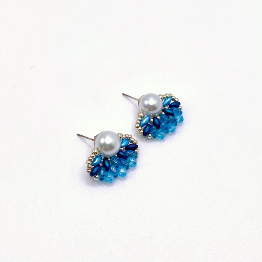 SKIATHOS DUSK, Blue Beaded Pearl Stud Earrings, handmade by KOUKLA