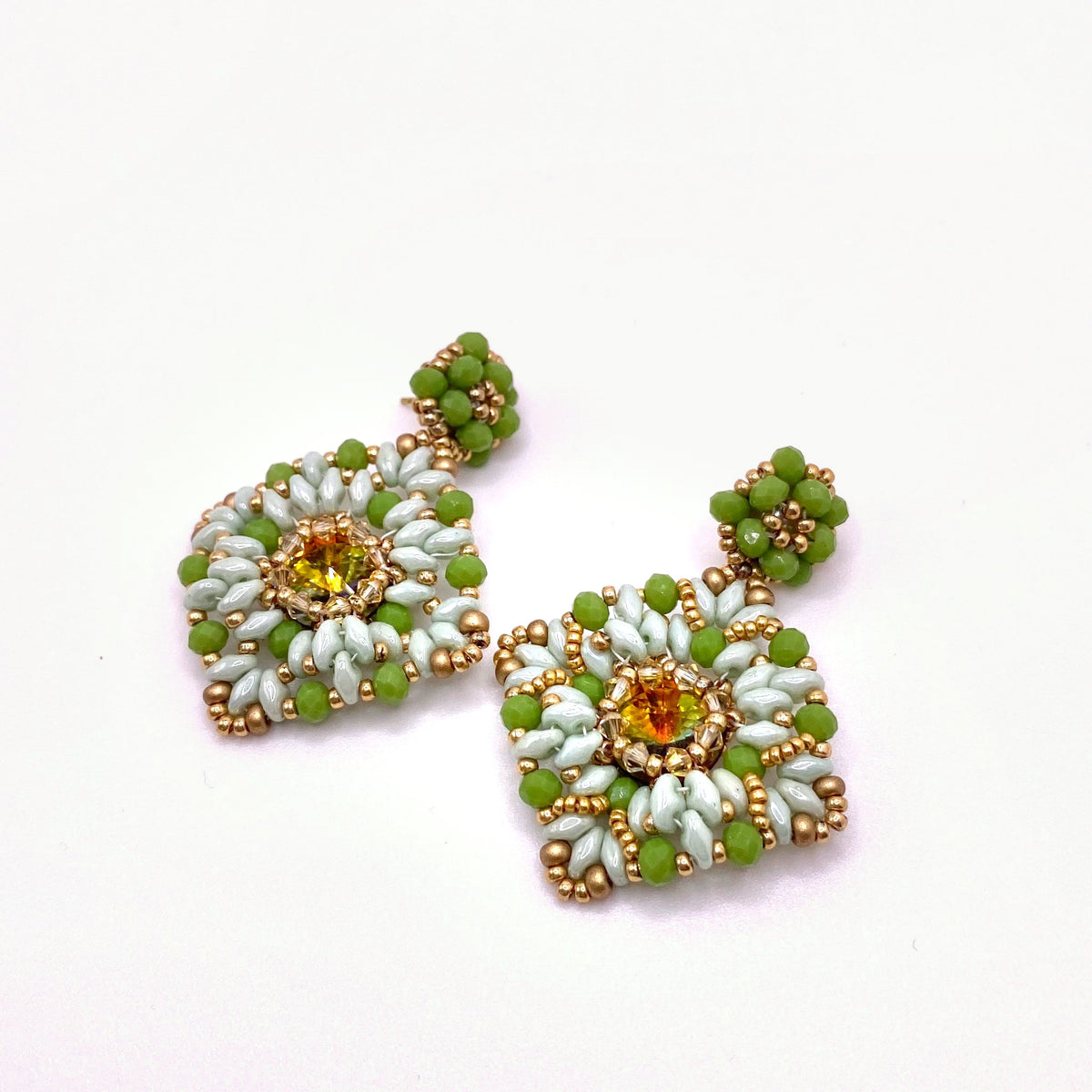ANDROS JADE, Green Beaded Square Drop Earrings, handmade by KOUKLA