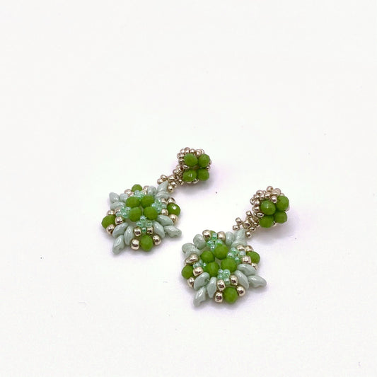 ANDROS FERN, Green & Gold Beaded Drop Earrings, handmade by KOUKLA