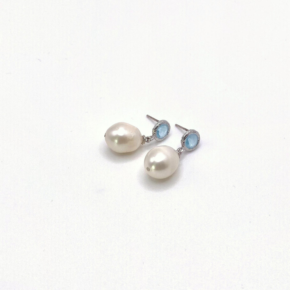 LEROS SKY, Blue & White Freshwater Pearl Earrings, handmade by KOUKLA