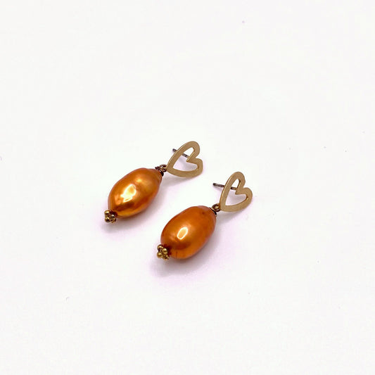 AMORGOS APRICOT, Orange Freshwater Pearl & Gold Flower Earrings, handmade by KOUKLA