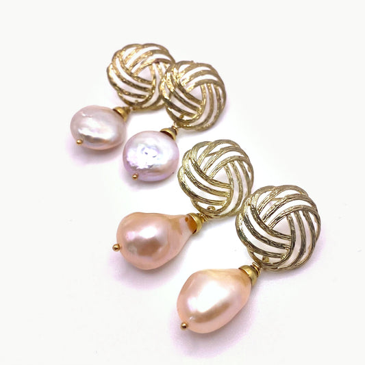 LEROS BLUSH, Rose Freshwater Pearl & Gold Drop Earrings, handmade by KOUKLA