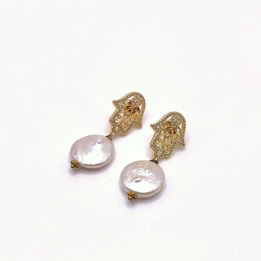 PATMOS HAMSA, Gold Hamsa & Freshwater Pearl Drop Earrings, handmade by KOUKLA