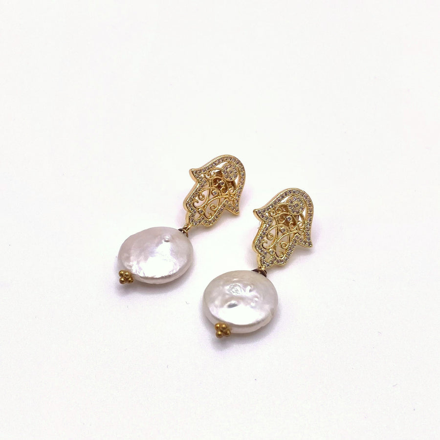 PATMOS HAMSA — Gold Hamsa & Freshwater Pearl Drop Earrings