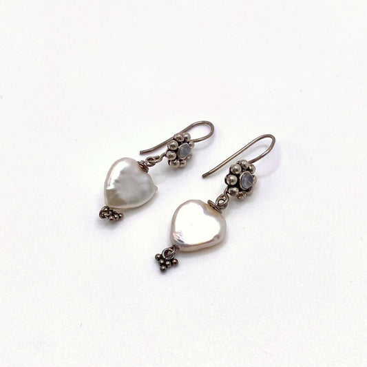 AMORGOS SILVER, Silver Flower & Freshwater Pearl Drop Earrings, handmade by KOUKLA