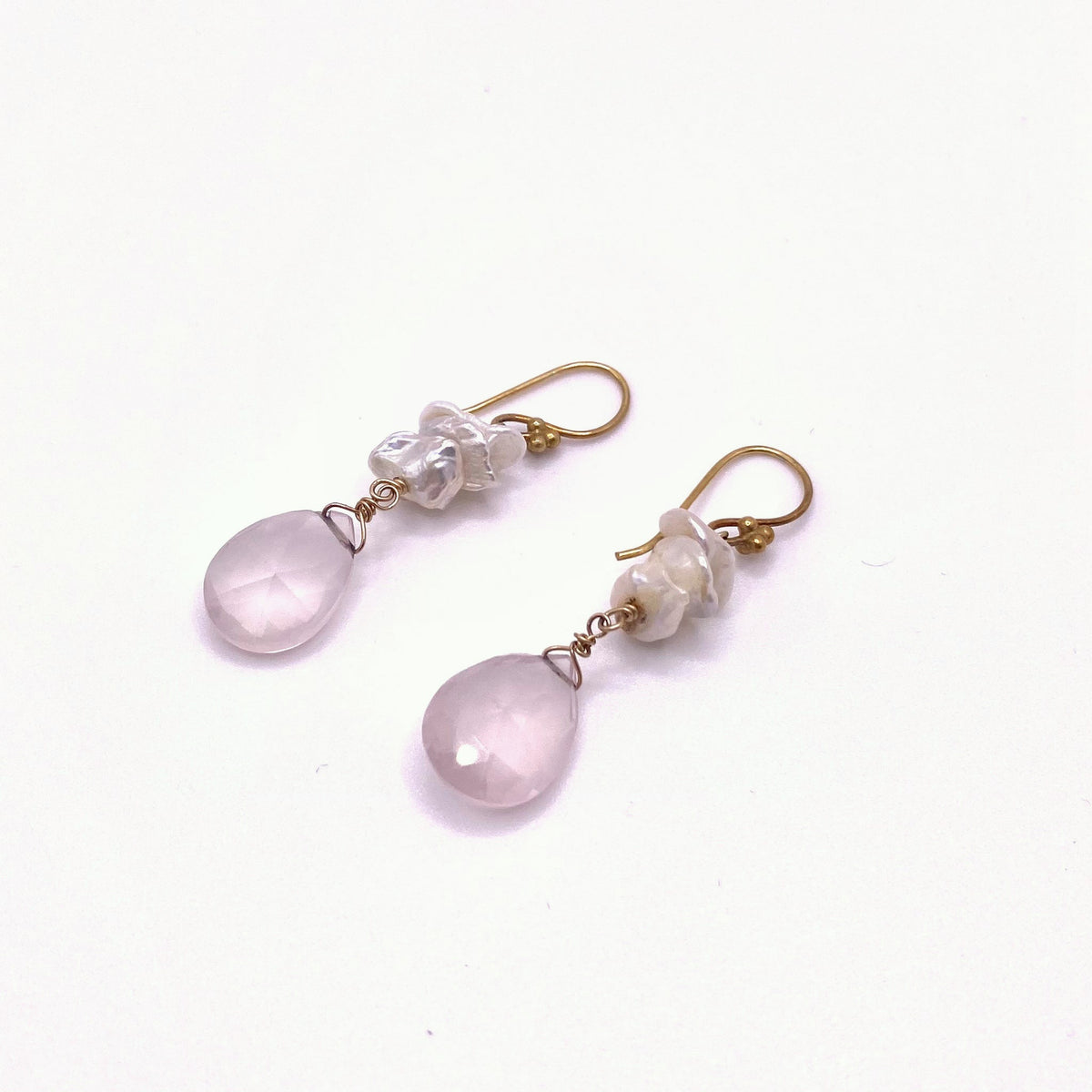 CHIOS BLUSH, Rose Quartz & Pearl Cluster Drop Earrings, handmade by KOUKLA