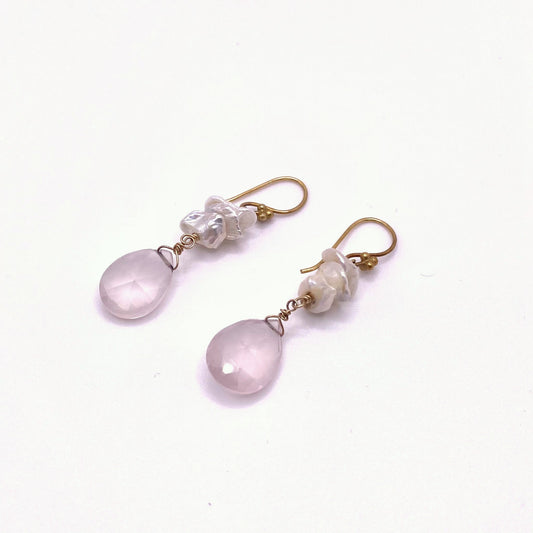 CHIOS BLUSH, Rose Quartz & Pearl Cluster Drop Earrings, handmade by KOUKLA