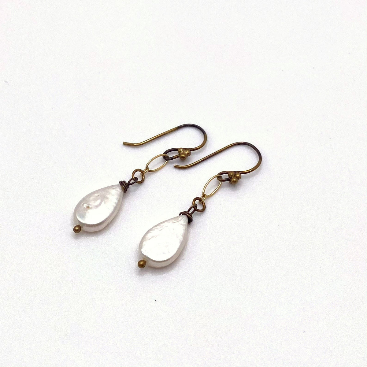 LEROS DEW, Flat Freshwater Pearl Hook Earrings, handmade by KOUKLA