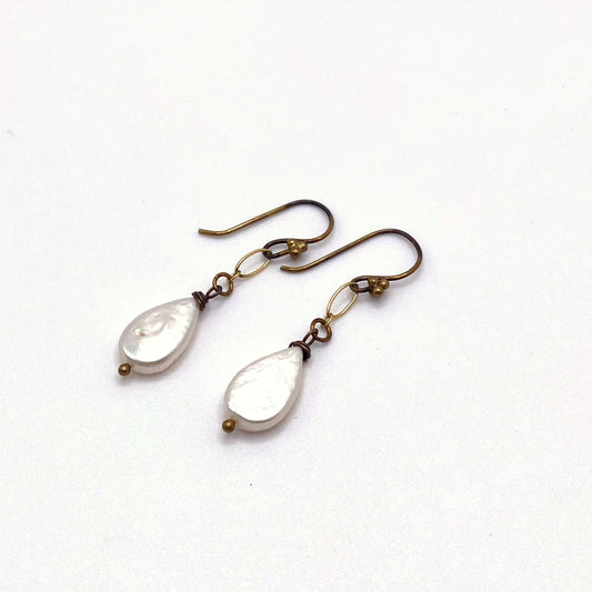 LEROS DEW, Flat Freshwater Pearl Hook Earrings, handmade by KOUKLA
