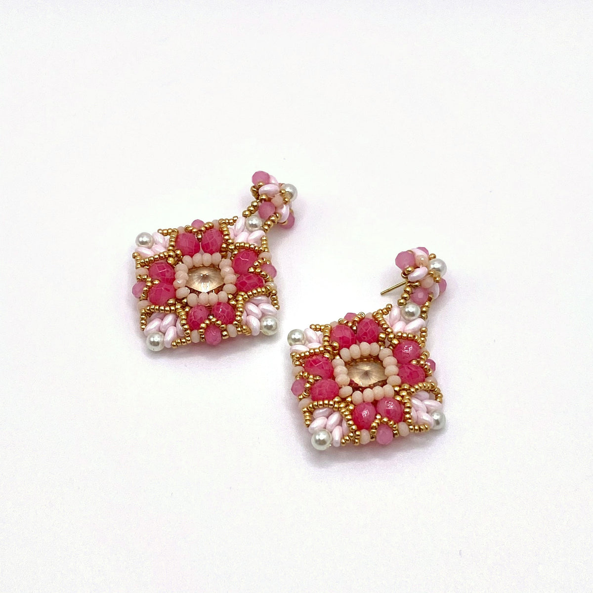 SPETSES BLUSH, Pink & White Beaded Square Drop Earrings, handmade by KOUKLA