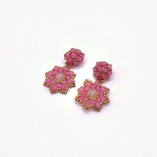 SPETSES FLOWER, Pink Beaded Flower Drop Earrings, handmade by KOUKLA