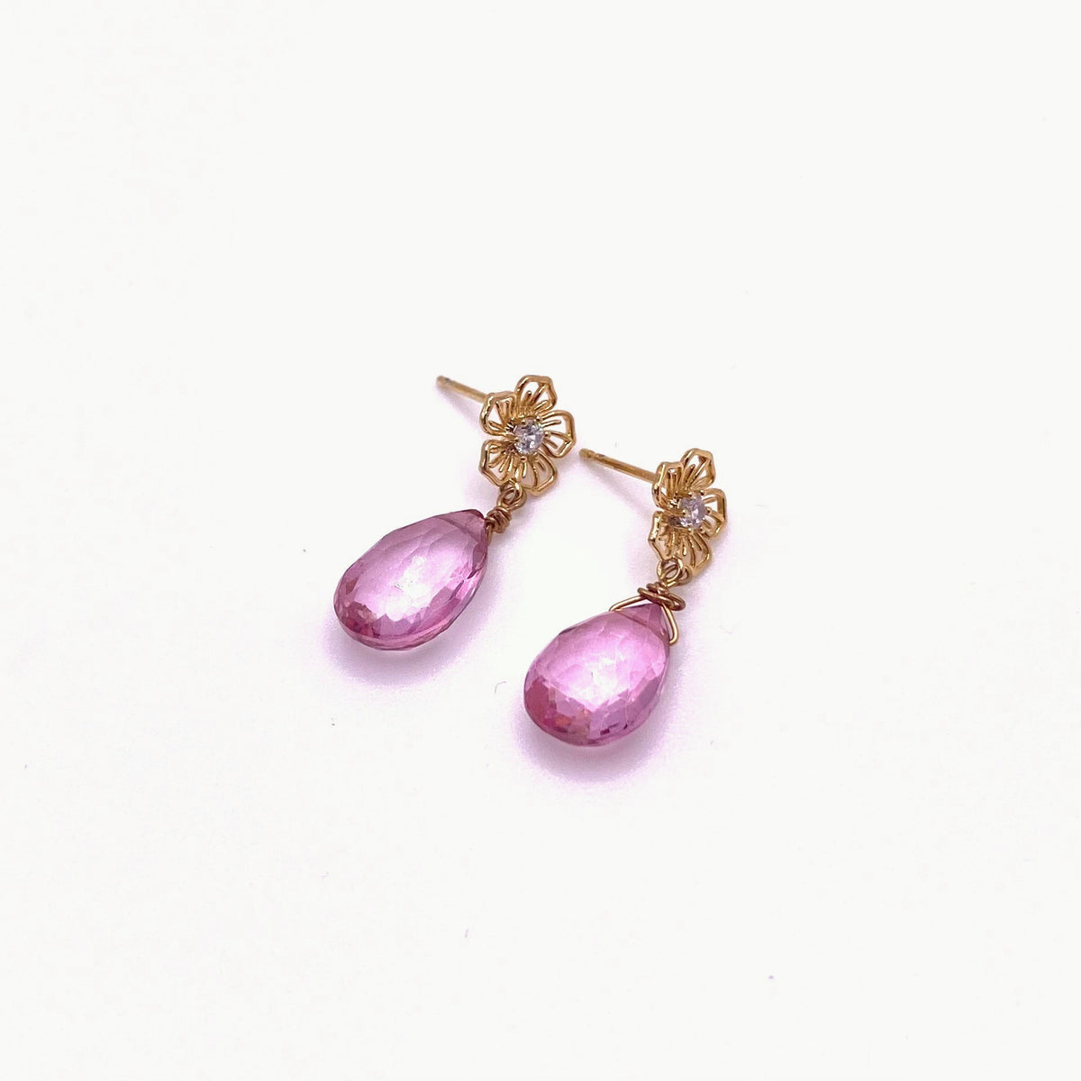 CHIOS PINK, Rose Quartz & Gold Drop Earrings, handmade by KOUKLA