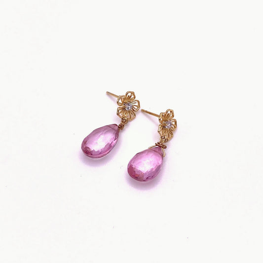 CHIOS PINK, Rose Quartz & Gold Drop Earrings, handmade by KOUKLA
