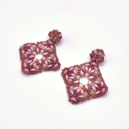 SPETSES CANDY, Pink Beaded Square Drop Earrings, handmade by KOUKLA