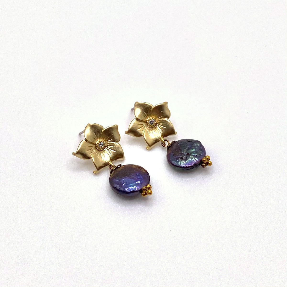 DELOS LILAC, Purple Freshwater Pearl Gold Flower Earrings, handmade by KOUKLA