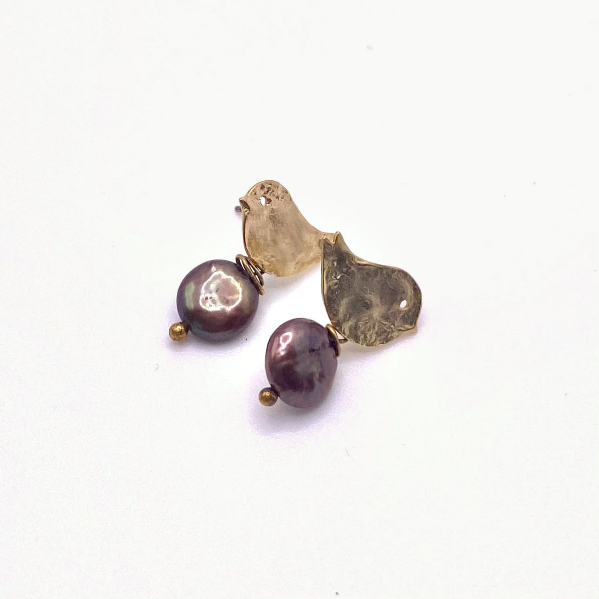 SKOPELOS LILAC, Gold Bird & Purple Freshwater Pearl Earrings, handmade by KOUKLA