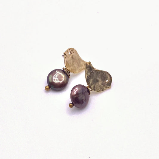 SKOPELOS LILAC, Gold Bird & Purple Freshwater Pearl Earrings, handmade by KOUKLA