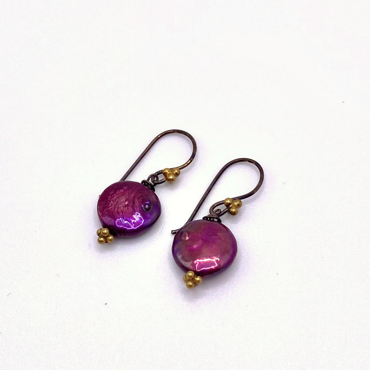 LEROS VIOLET, Purple Freshwater Pearl Hook Earrings, handmade by KOUKLA