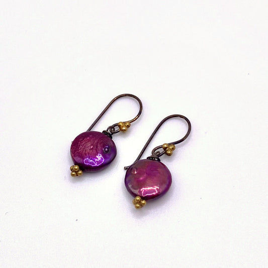 LEROS VIOLET, Purple Freshwater Pearl Hook Earrings, handmade by KOUKLA