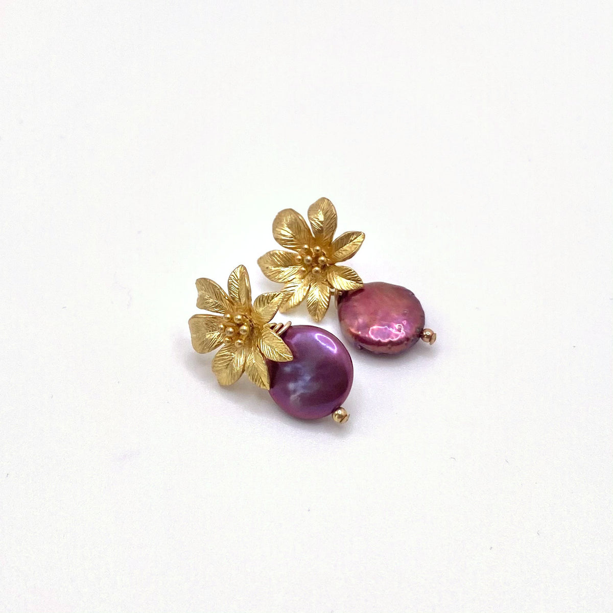 DELOS VIOLET, Purple Pearl & Gold Flower Earrings, handmade by KOUKLA