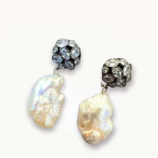 LEFKADA STAR, Rhinestone & Baroque Pearl Statement Earrings, handmade by KOUKLA