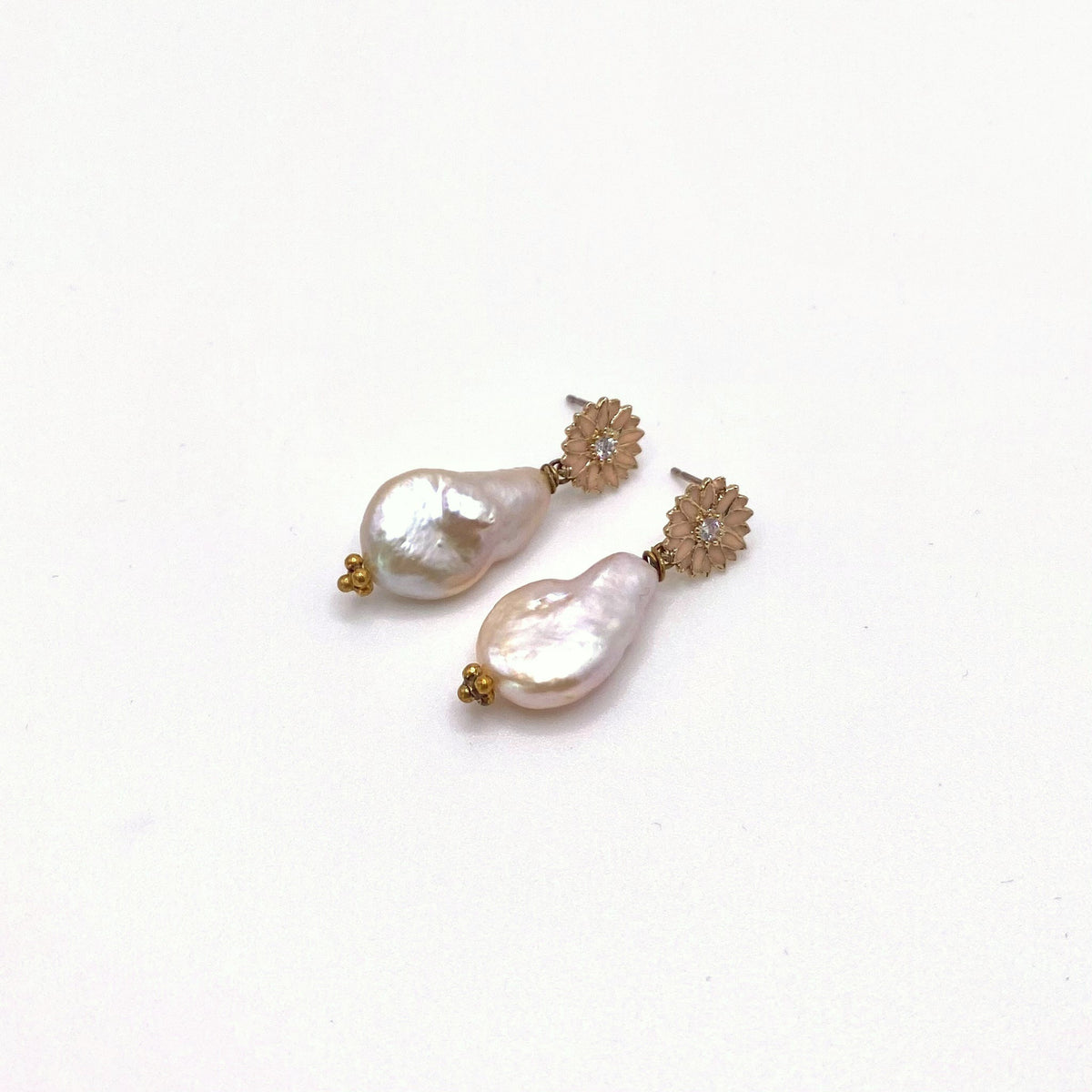 DELOS ROSA, Gold Flower & Freshwater Pearl Earrings, handmade by KOUKLA