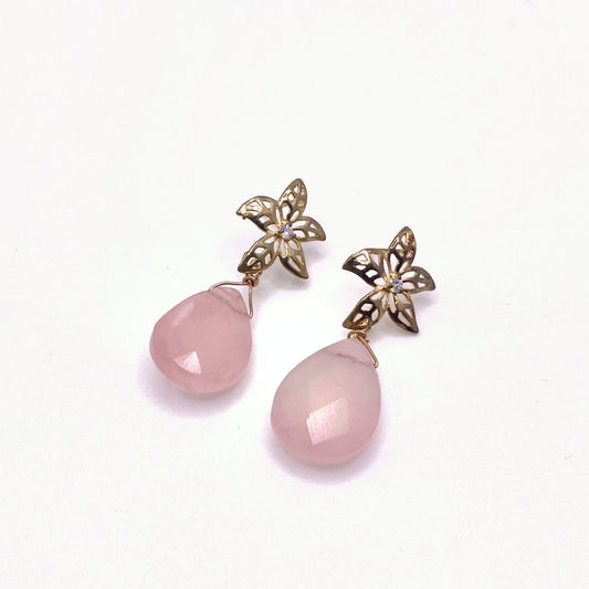 CHIOS ROSE, Rose Quartz & Gold Flower Teardrop Earrings, handmade by KOUKLA