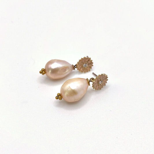 DELOS PEONY, Gold Flower & Round Pearl Earrings, handmade by KOUKLA