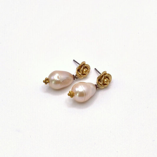 DELOS ROSEBUD, Gold Rose & Round Pearl Earrings, handmade by KOUKLA