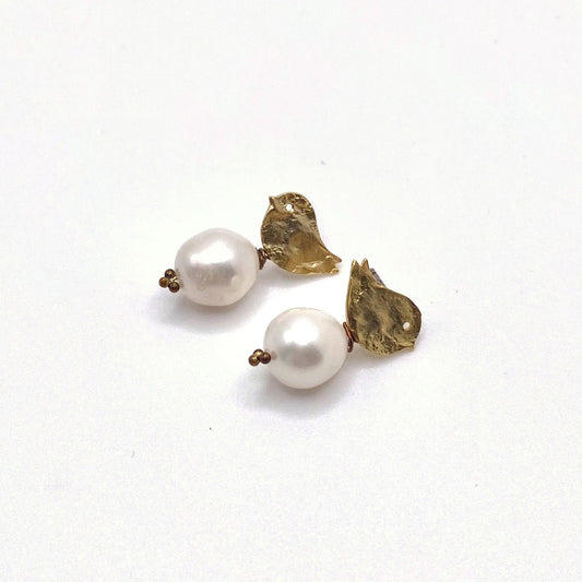SKOPELOS PEARL, Gold Bird & Round Pearl Earrings, handmade by KOUKLA