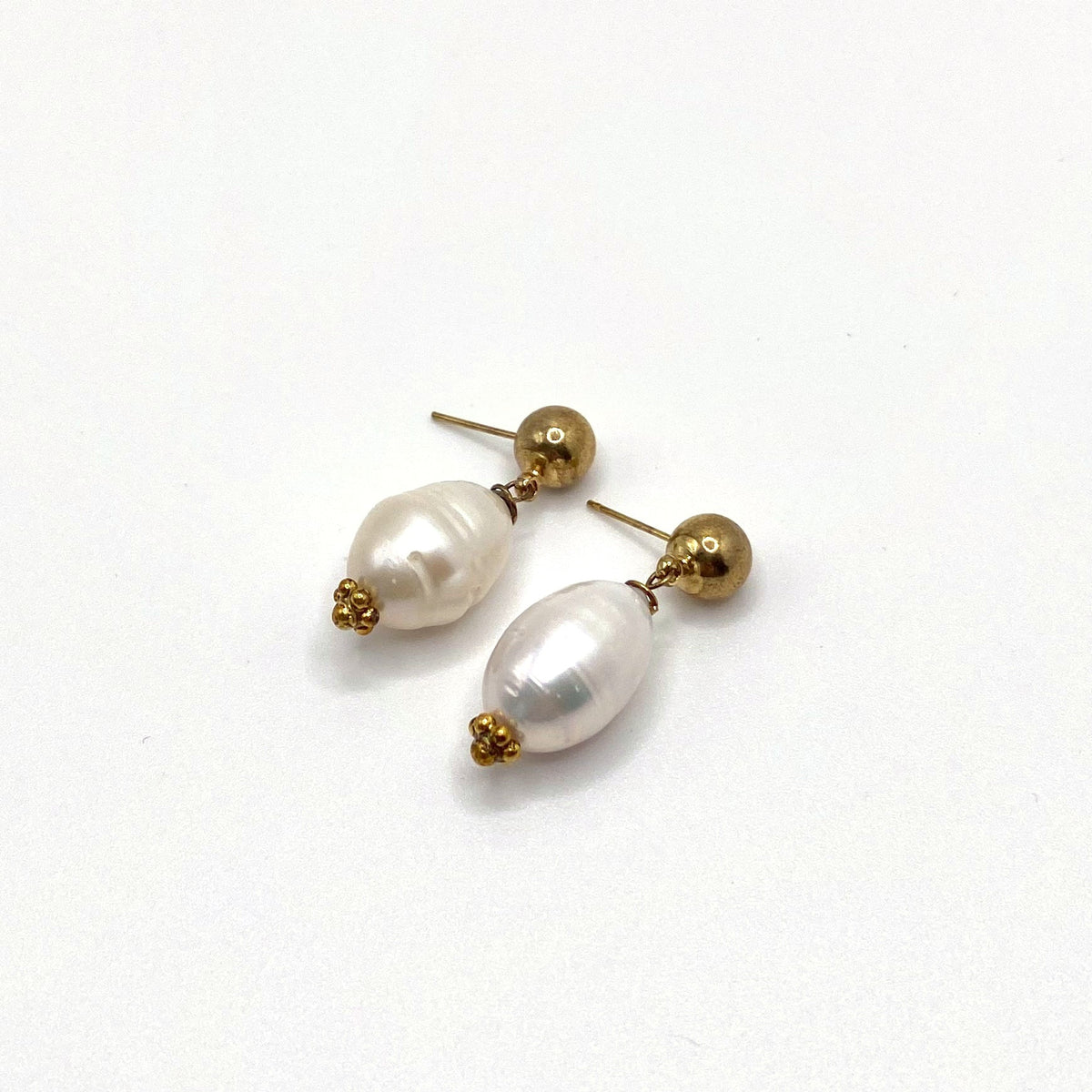LEROS SUN, Round Freshwater Pearl & Gold Drop Earrings, handmade by KOUKLA